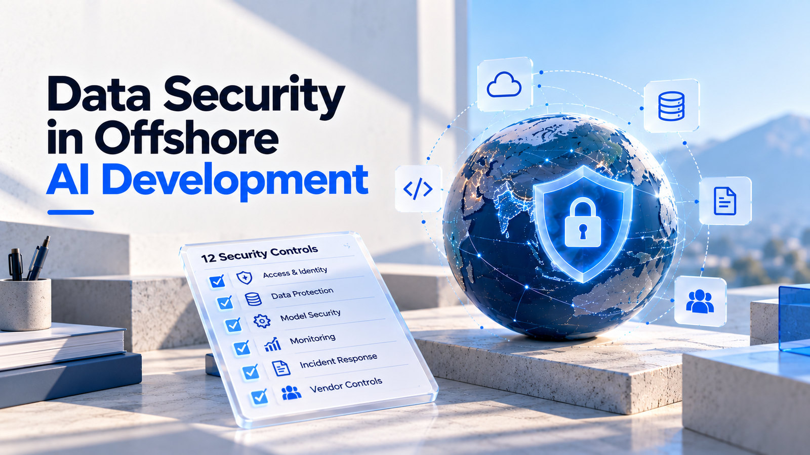 A glass checklist titled 12 Security Controls, ticking off access and identity, data protection, model security, monitoring, incident response and vendor controls, beside a globe carrying a padlock shield and ringed by cloud, database, code, document and team icons