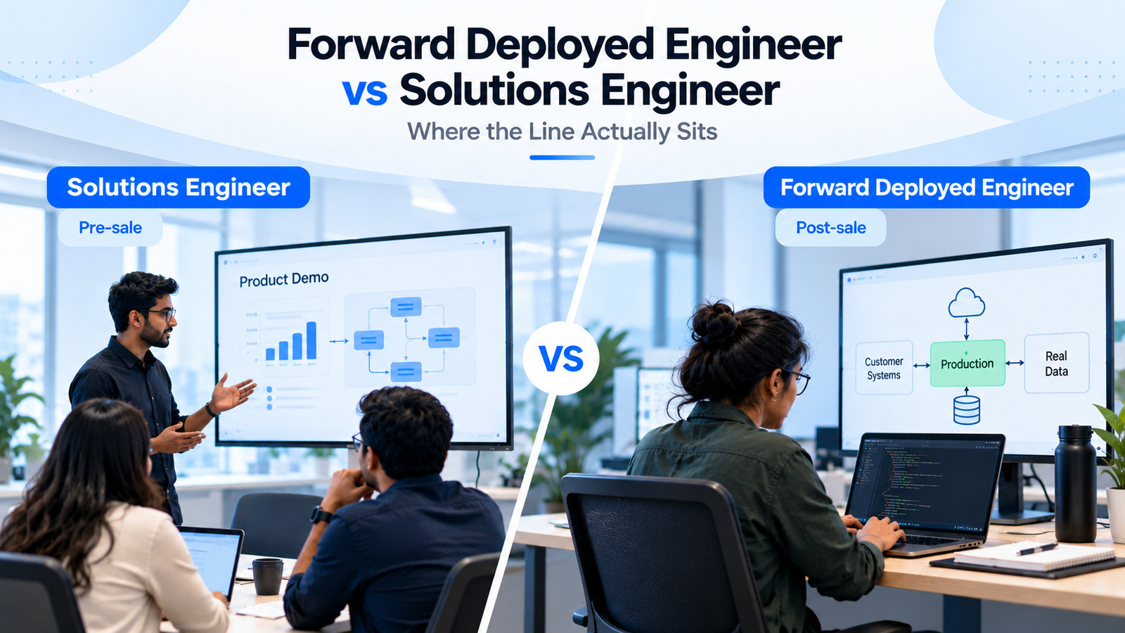 Split office scene: on the pre-sale side a solutions engineer presents a product demo to two colleagues, on the post-sale side a forward deployed engineer writes code beside a screen linking customer systems, production and real data