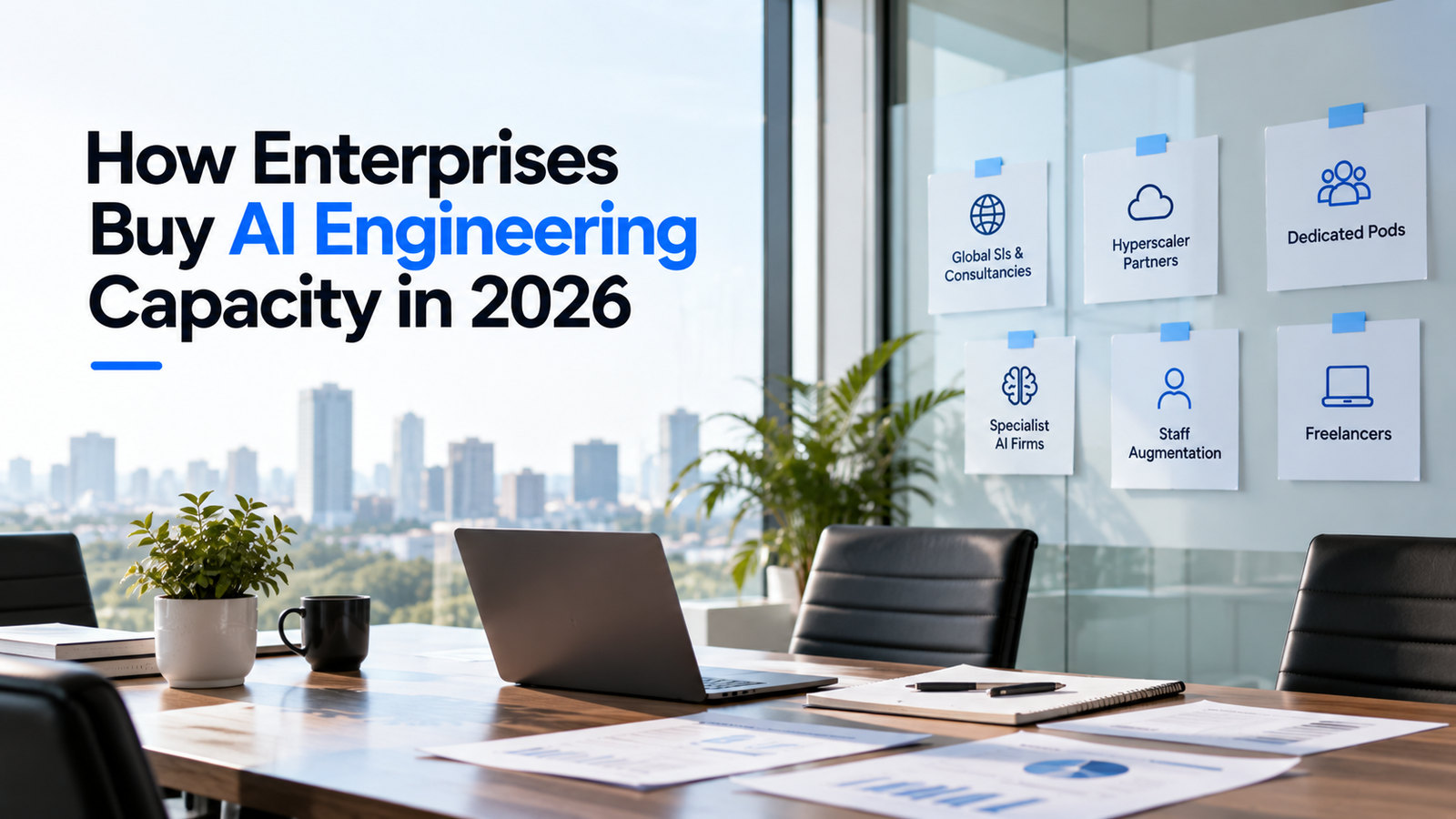 An empty enterprise boardroom with a laptop and printed reports on the table, and six sourcing channels pinned to the glass wall: global SIs and consultancies, hyperscaler partners, dedicated pods, specialist AI firms, staff augmentation and freelancers