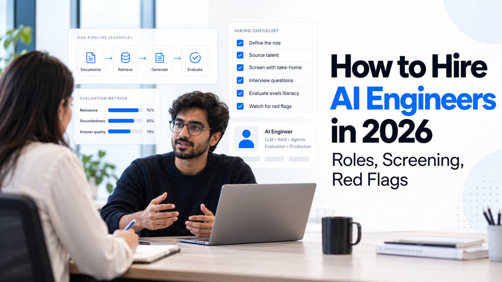 An AI engineer being interviewed across a desk, with a RAG pipeline from documents to retrieve to generate to evaluate, evaluation metrics and a six-step hiring checklist shown alongside