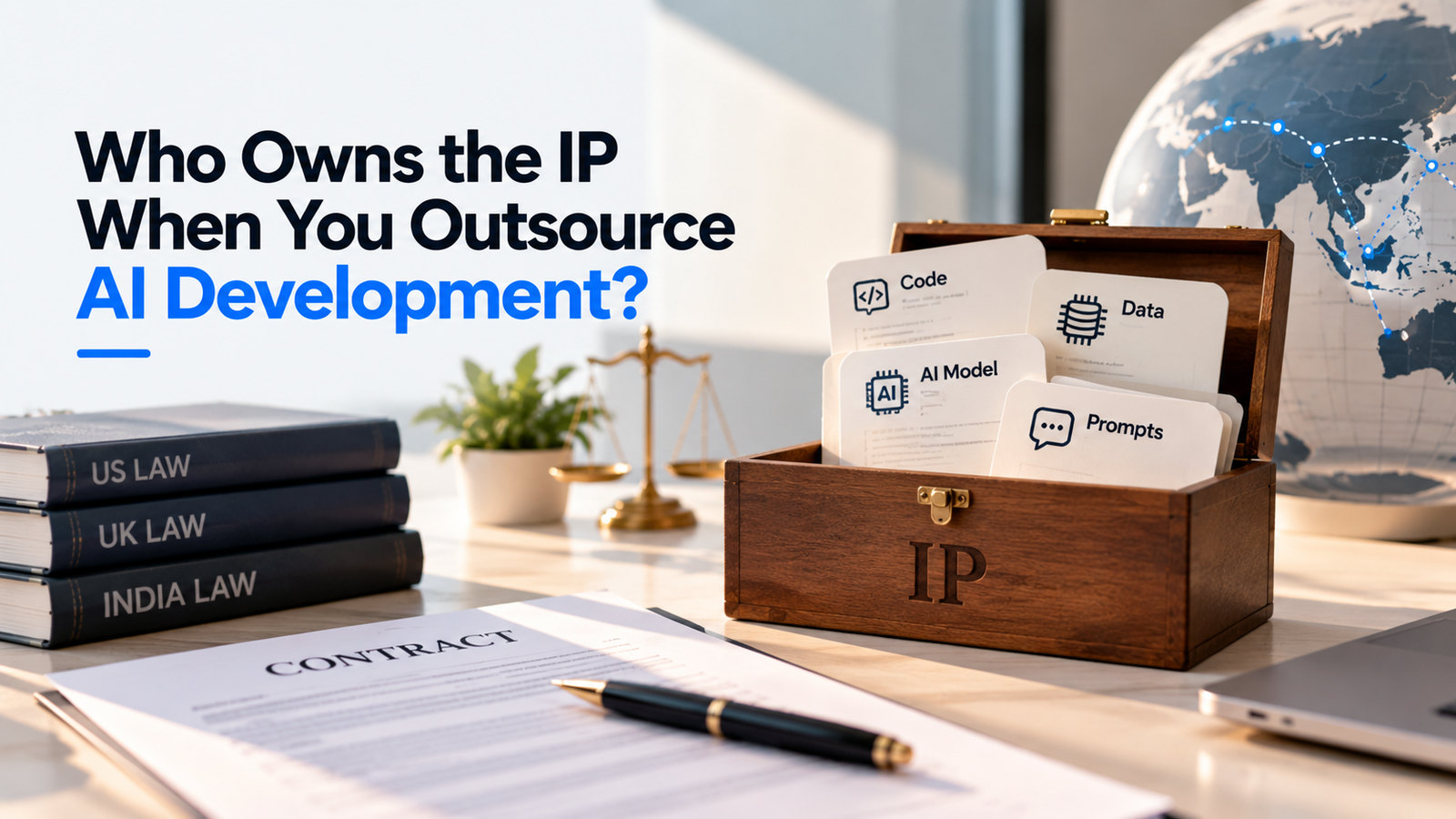 A signed contract and pen on a desk beside law books labelled US law, UK law and India law, and a wooden box marked IP holding cards for code, data, AI model and prompts