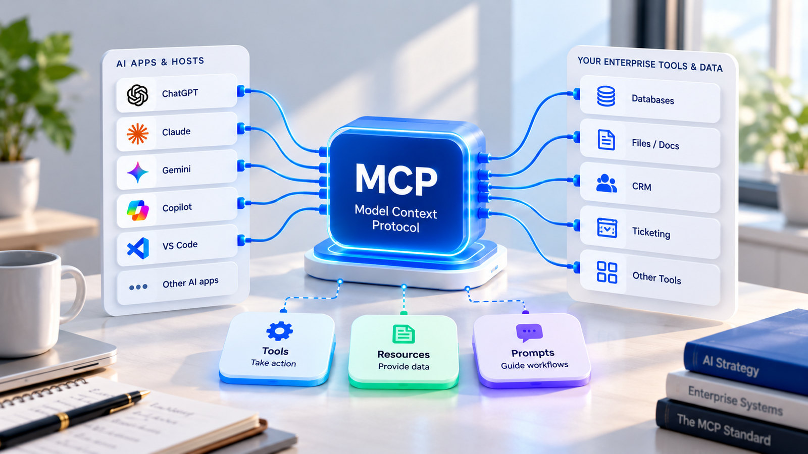 A glowing MCP hub on a desk wired to AI apps such as ChatGPT, Claude, Gemini, Copilot and VS Code on one side and enterprise databases, files, CRM and ticketing on the other, above three tiles for tools, resources and prompts