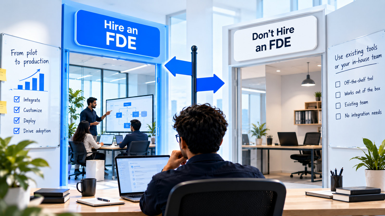 An engineer at a desk facing a signpost between two doorways: Hire an FDE, with a team at a workflow diagram and a whiteboard checking integrate, customize, deploy and drive adoption; and Don't Hire an FDE, with a quiet office and a whiteboard listing off-the-shelf tool, works out of the box, existing team and no integration needs